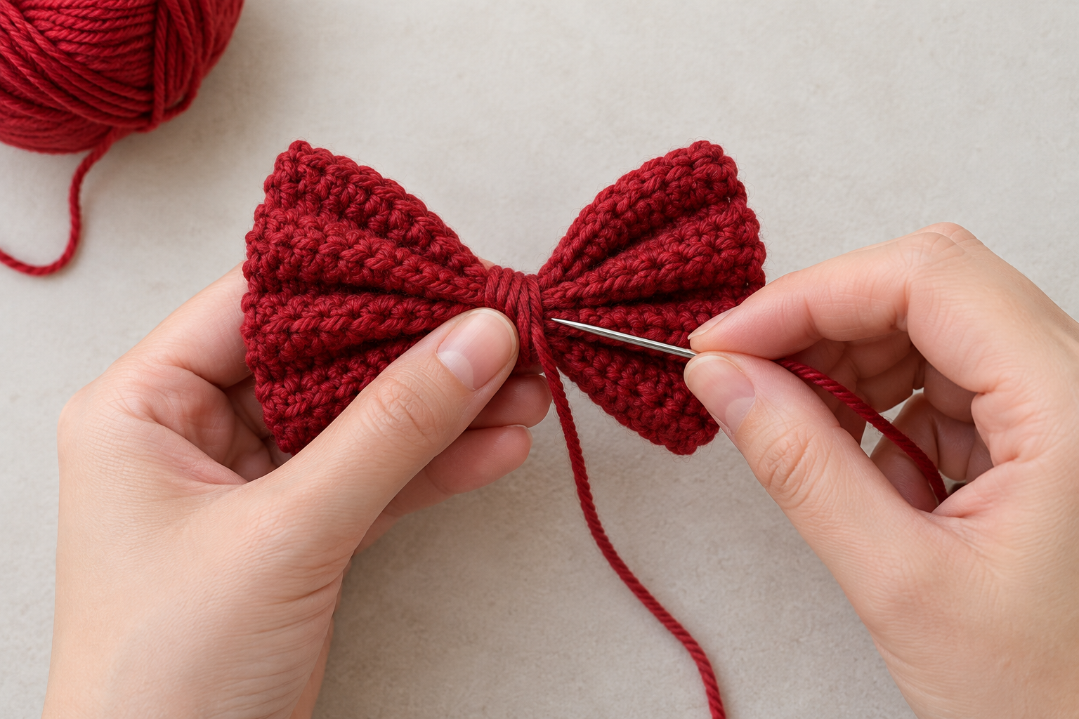 Yarn needle stitching the pinched center of two balanced ruby-red crochet bow loops