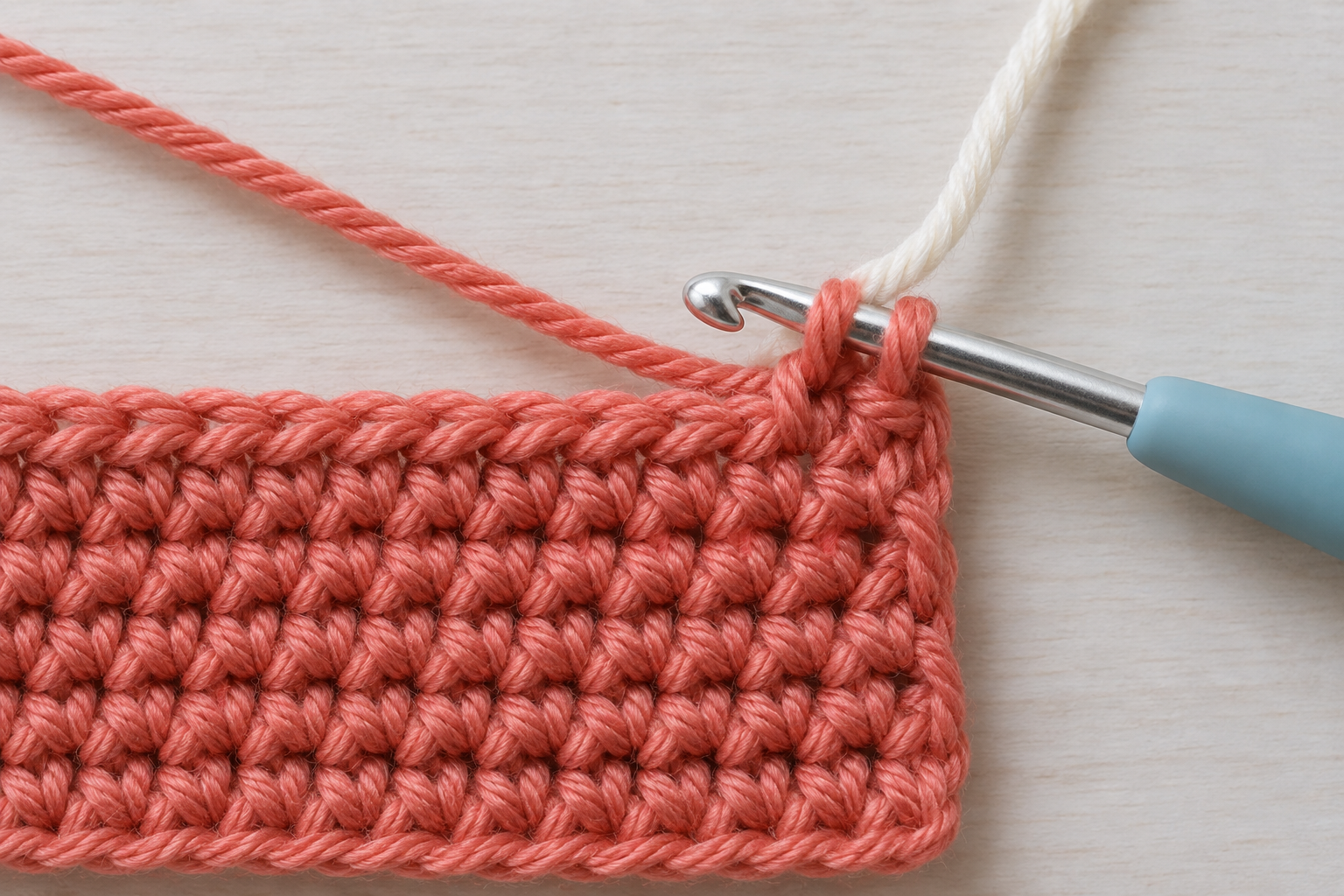 Crochet hook holding two coral loops before the final pull-through of a single crochet stitch