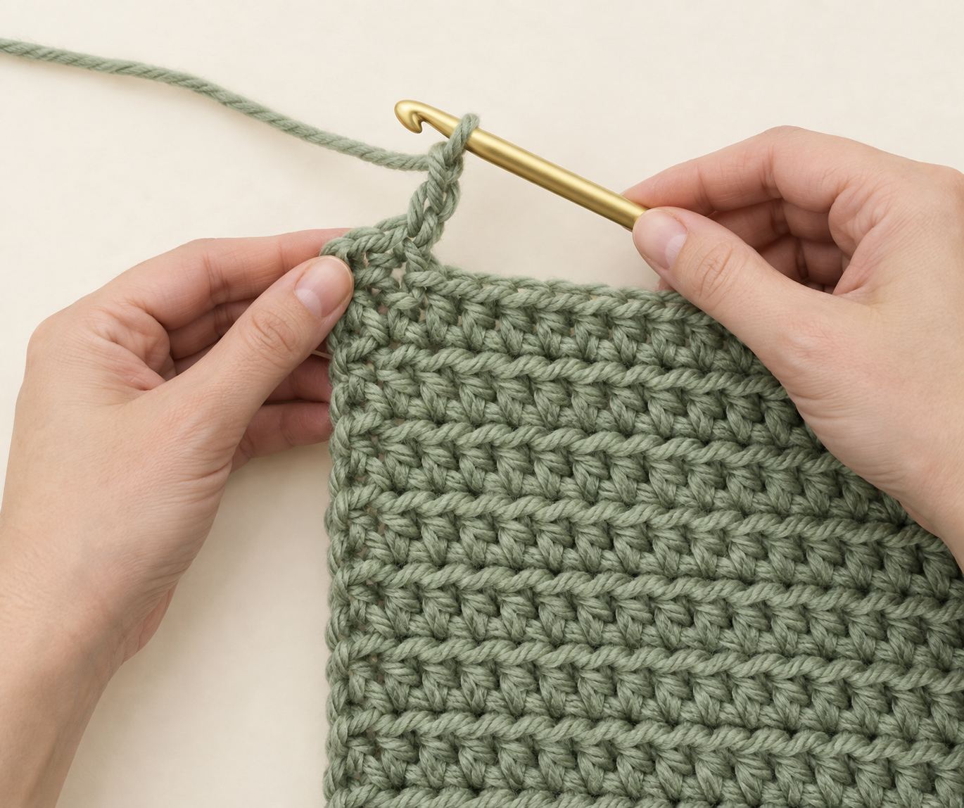 Gold crochet hook turning at the edge of a wide sage green half double crochet scarf