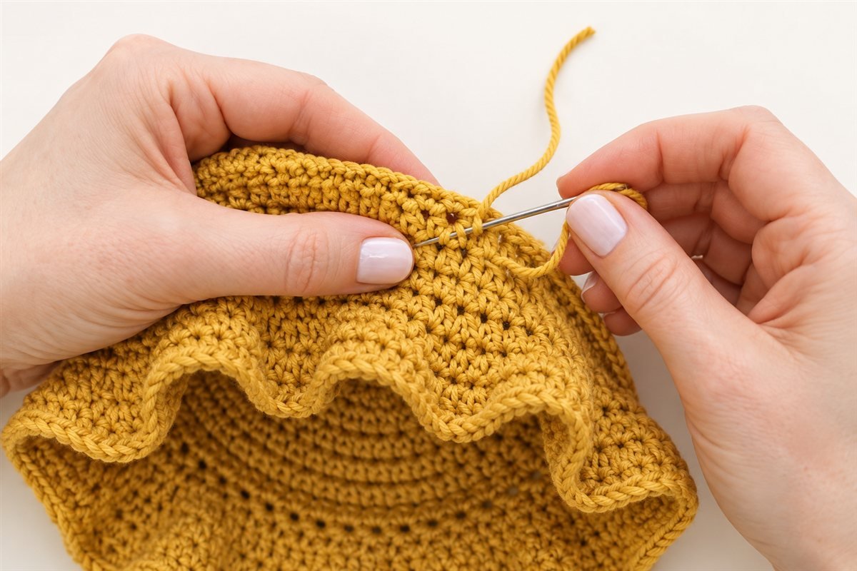 Blunt silver darning needle weaving a mustard yarn tail through the wrong side of a crocheted ruffled brim.