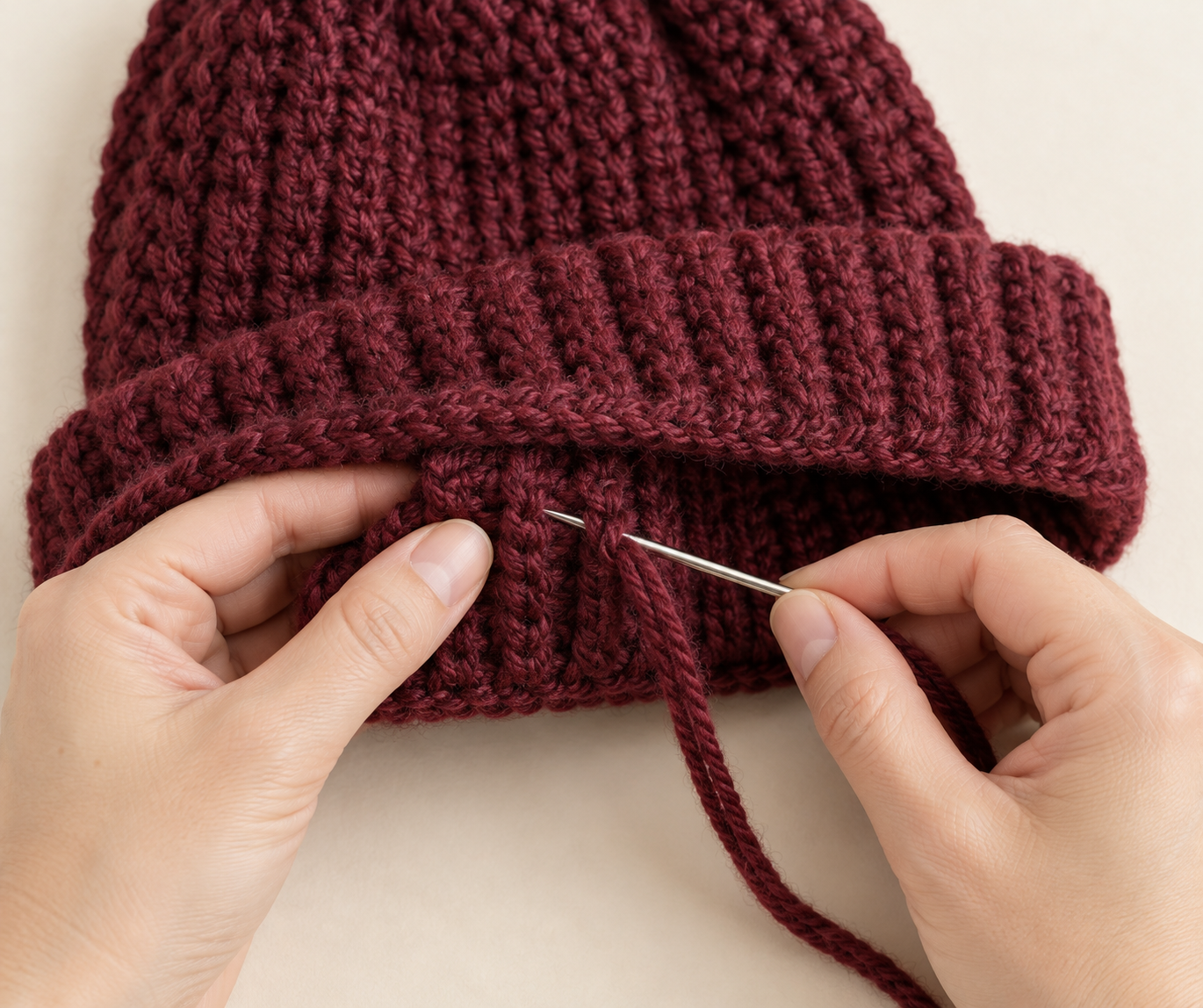 Blunt yarn needle weaving a burgundy yarn tail through the wrong side of a folded crochet beanie brim