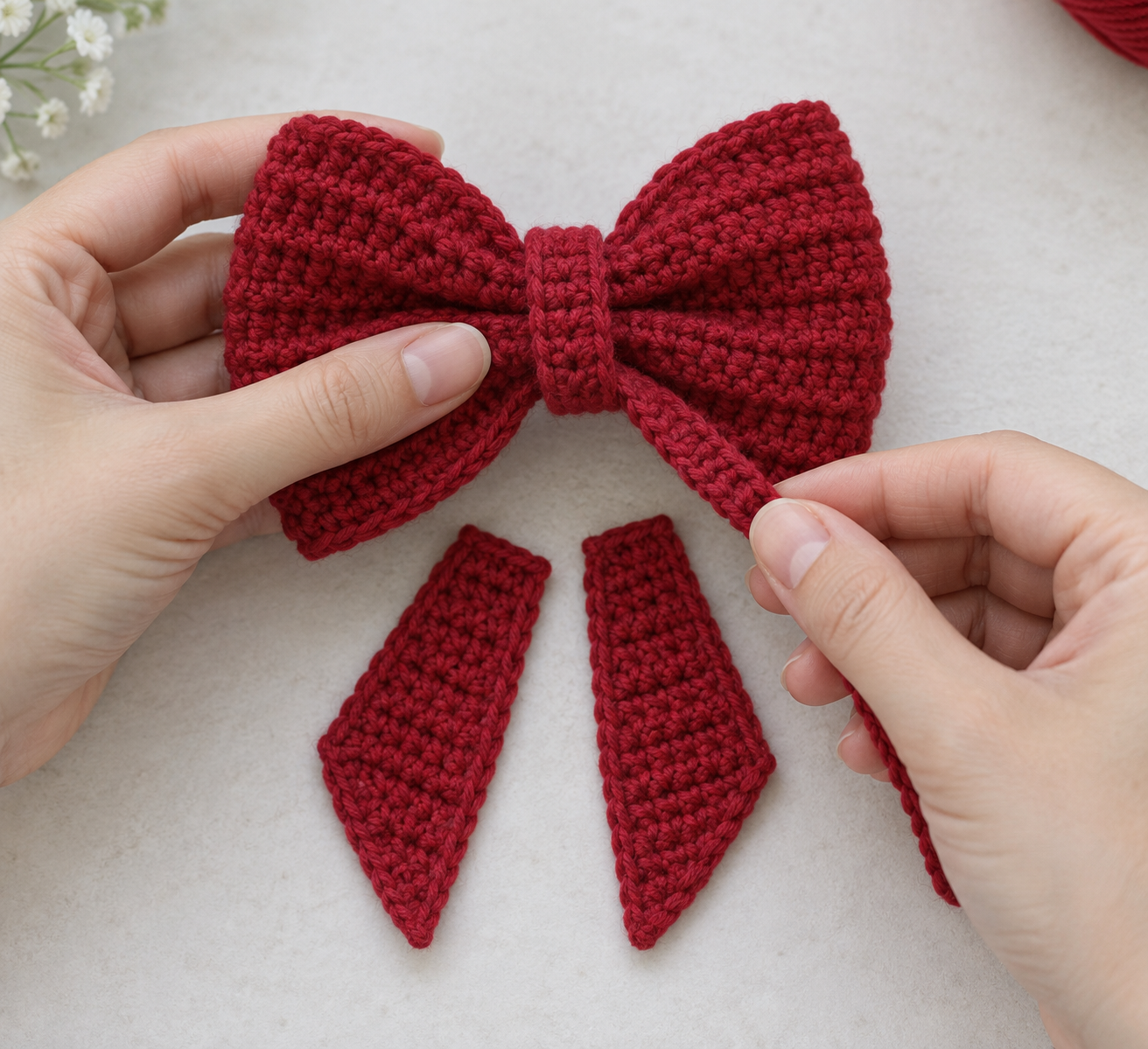 A narrow crochet center band wrapped around a ruby-red bow with tapered tails underneath