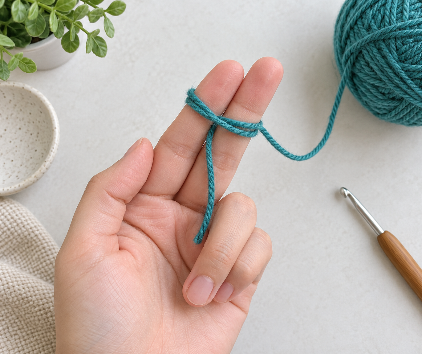 Teal yarn crossed around two fingers with tail and working yarn in different directions